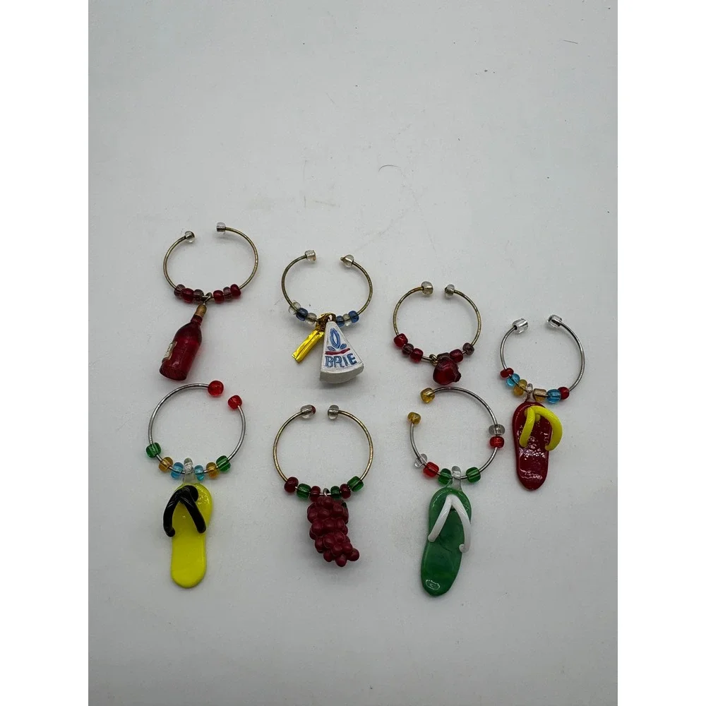 Mixed Wine Glass Charms 7pc Wine Bottle Brie Grapes Flip Flops Beaded Novelty